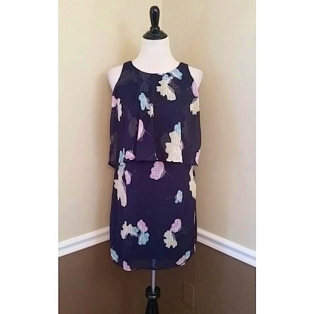 Navy Blue Floral Dress Sheer Popover Bodice Sleeveless Modcloth Pink Owl Medium